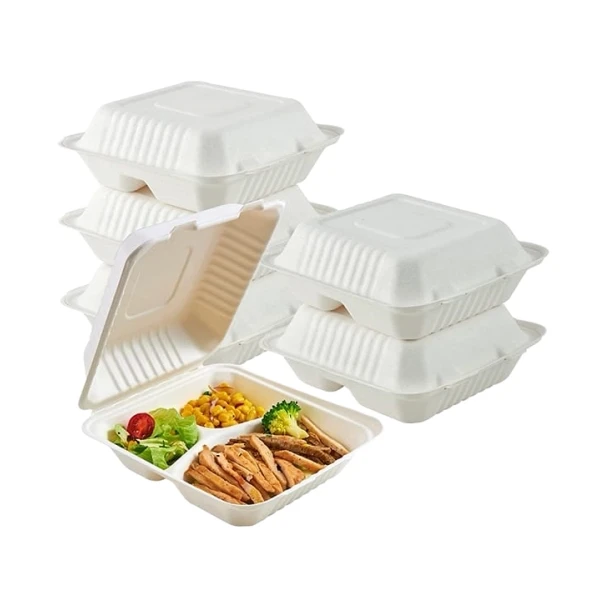 50 PCS PER Pack Clamshell Take Out Food Containers With Hinged Lid, 100% Compostable Disposable To Go Containers, 8X8 Inch 3-Compartment Heavy-Duty To Go Boxes