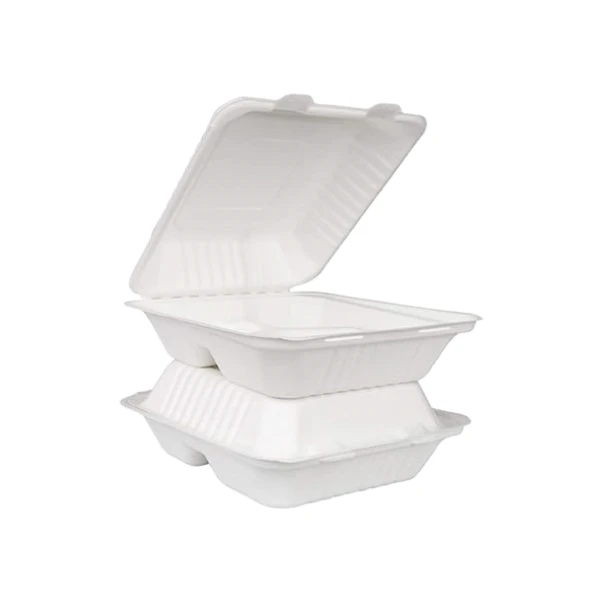 50 PCS PER Pack Clamshell Take Out Food Containers With Hinged Lid, 100% Compostable Disposable To Go Containers, 8X8 Inch 3-Compartment Heavy-Duty To Go Boxes