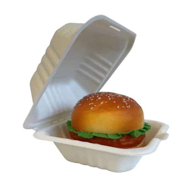 PFAS FREE 6x6 Inch Compostable Square Hinged Container, Single Compartment Clamshell Takeout Box, Heavy-Duty Bagasse Food Container, Made From Eco-Friendly Plant Fiber