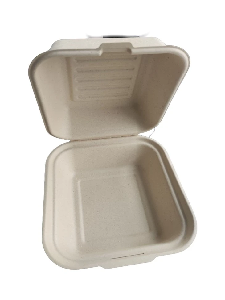 A 6-inch Biodegradable Sugarcane Bagasse Hamburger Box, Eco-friendly, Microwave-safe, Compostable, Lightweight, Durable, Food-grade, Customizable, Sustainable, And Ideal For Takeaway Packaging.