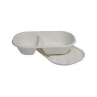 disposable 2 compartments Sugarcane Fibers bowls with lid take away Bagasse food containers Meal Prep Bowls